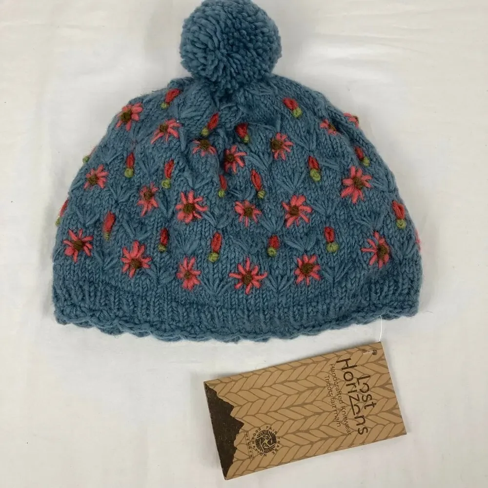 NWT Lost Horizons Anaya Wool Beanie Womens Blue Floral Embroidery Pom Nepal